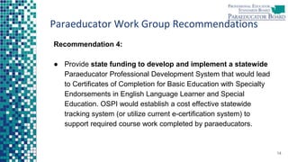 Paraeducator Work Group Recommendations
Recommendation 4:
● Provide state funding to develop and implement a statewide
Paraeducator Professional Development System that would lead
to Certificates of Completion for Basic Education with Specialty
Endorsements in English Language Learner and Special
Education. OSPI would establish a cost effective statewide
tracking system (or utilize current e-certification system) to
support required course work completed by paraeducators.
14
 