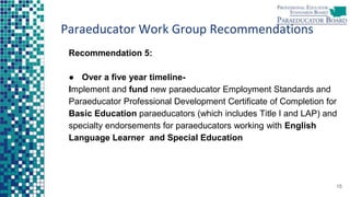 Paraeducator Work Group Recommendations
Recommendation 5:
● Over a five year timeline-
Implement and fund new paraeducator Employment Standards and
Paraeducator Professional Development Certificate of Completion for
Basic Education paraeducators (which includes Title I and LAP) and
specialty endorsements for paraeducators working with English
Language Learner and Special Education
15
 