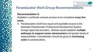 Paraeducator Work Group Recommendations
Recommendation 6:
Establish a certificate renewal process to be completed every five
years.
● Paraeducators shall have equal and equitable access to the
statewide Paraeducator Professional Development System
through approved providers. Districts would establish multiple
pathways to support career advancement and greater levels of
responsibilities. Consideration should be given to minimizing
costs to paraeducators.
16
 