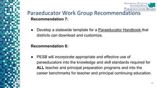 Paraeducator Work Group Recommendations
Recommendation 7:
● Develop a statewide template for a Paraeducator Handbook that
districts can download and customize.
Recommendation 8:
● PESB will incorporate appropriate and effective use of
paraeducators into the knowledge and skill standards required for
ALL teacher and principal preparation programs and into the
career benchmarks for teacher and principal continuing education.
17
 