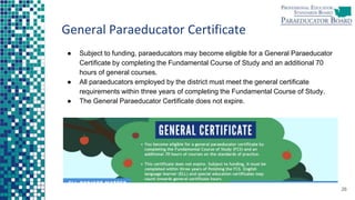 General Paraeducator Certificate
● Subject to funding, paraeducators may become eligible for a General Paraeducator
Certificate by completing the Fundamental Course of Study and an additional 70
hours of general courses.
● All paraeducators employed by the district must meet the general certificate
requirements within three years of completing the Fundamental Course of Study.
● The General Paraeducator Certificate does not expire.
26
 