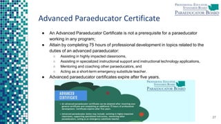 Advanced Paraeducator Certificate
● An Advanced Paraeducator Certificate is not a prerequisite for a paraeducator
working in any program;
● Attain by completing 75 hours of professional development in topics related to the
duties of an advanced paraeducator:
○ Assisting in highly impacted classrooms,
○ Assisting in specialized instructional support and instructional technology applications,
○ Mentoring and coaching other paraeducators, and
○ Acting as a short-term emergency substitute teacher.
● Advanced paraeducator certificates expire after five years.
27
 