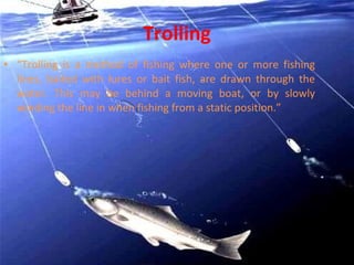 Trolling “ Trolling is a method of fishing where one or more fishing lines, baited with lures or bait fish, are drawn through the water. This may be behind a moving boat, or by slowly winding the line in when fishing from a static position.” 