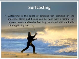 Surfcasting Surfcasting is the sport of catching fish standing on the shoreline. Basic surf fishing can be done with a fishing rod between seven and twelve feet long, equipped with a suitable spinning fishing reel 