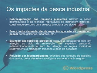 Sobreexploração dos recursos piscícolas  (devido à pesca desmesurada e às técnicas reprováveis de malhagem indevida), constituindo-se como uma ameaça à ruptura dos stocks; Pesca indiscriminada até de espécies que não se pretendem pescar   como golfinhos, tubarões, etc.; Extinção das espécies piscícolas  porque os pescadores não têm atenção ao ciclo de renovação das espécies, pescando indiscriminadamente e sem ter atenção às regras instituídas relativamente à malhagem tamanho e peso do pescado; Poluição por hidrocarbonetos  oriundos dos tanques de gasolina dos navios, pelos desastres ecológicos como as marés negras;  Os impactes da pesca industrial 