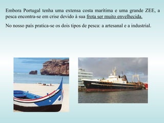 Embora Portugal tenha uma extensa costa marítima e uma grande ZEE, a pesca encontra-se em crise devido à sua  frota ser muito envelhecida. No nosso país pratica-se os dois tipos de pesca: a artesanal e a industrial. 