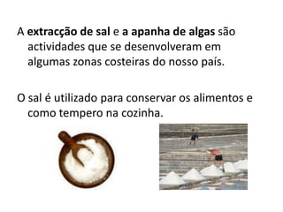 A extracção de sal e a apanha de algas são actividades que se desenvolveram em algumas zonas costeiras do nosso país.O sal é utilizado para conservar os alimentos e como tempero na cozinha.