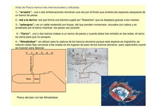 Artes de Pesca marina más internacionales y utilizadas
1.- “arrastre”: una o dos embarcaciones remolcan una red por el fondo que arrastra las especies pesqueras de
un banco de peces.
2.- red a la deriva: red que forma una barrera sujeta por “flotadores” que se desplaza gracias a las mareas
3.- “palangres”.- es un cable sostenido por boyas, del que penden numerosos anzuelos con cebos y es
arrastrado por el barco mientras los peces van picando

 4.- “Cerco”: uno o dos barcos rodean a un banco de peces y cuando éstos han entrado en las redes, el cerco
se cierra para que no escapen.
4.- “Almadrabas”: se utilizan para la captura de los bancos atuneros porque esta especie es migratoria; se
colocan redes fijas cercanas a las costas en los lugares de paso de los bancos atuneros para capturarlos cuando
se muevan para desovar.




 Pesca del atún con las Almadrabas
 