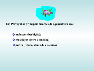 Em Portugal as principais criações de aquacultura são:
moluscos (berbigão);
crustáceos (ostra e amêijoa);
peixes (robalo, dourada e salmão).
 