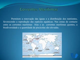 Permitem a renovação das águas e a distribuição dos nutrientes,
favorecendo a reprodução das espécies aquáticas. Nas zonas de contacto
entre as correntes marítimas frias e as correntes marítimas quentes, a
biodiversidade e a quantidade de piscícolas são elevadas.
 