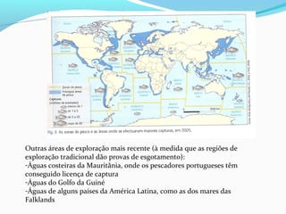 Outras áreas de exploração mais recente (à medida que as regiões de
exploração tradicional dão provas de esgotamento):
-Águas costeiras da Mauritânia, onde os pescadores portugueses têm
conseguido licença de captura
-Águas do Golfo da Guiné
-Águas de alguns países da América Latina, como as dos mares das
Falklands

 