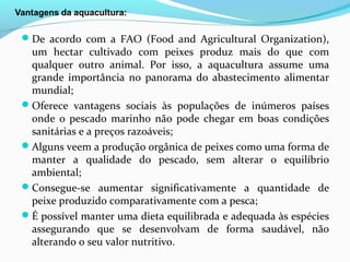 De acordo com a FAO (Food and Agricultural Organization),

um hectar cultivado com peixes produz mais do que com
qualquer outro animal. Por isso, a aquacultura assume uma
grande importância no panorama do abastecimento alimentar
mundial;
Oferece vantagens sociais às populações de inúmeros países
onde o pescado marinho não pode chegar em boas condições
sanitárias e a preços razoáveis;
Alguns veem a produção orgânica de peixes como uma forma de
manter a qualidade do pescado, sem alterar o equilíbrio
ambiental;
Consegue-se aumentar significativamente a quantidade de
peixe produzido comparativamente com a pesca;
É possível manter uma dieta equilibrada e adequada às espécies
assegurando que se desenvolvam de forma saudável, não
alterando o seu valor nutritivo.

 