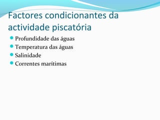 Factores condicionantes da
actividade piscatória
Profundidade das águas
Temperatura das águas
Salinidade
Correntes marítimas

 