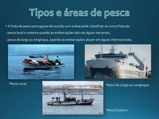 • A frota de pesca portuguesa de acordo com a área pode classificar-se como frota de:
- pesca local e costeira quando as embarcações são nas águas nacionais;
- pesca do largo ou longínqua, quando as embarcações atuam em águas internacionais.
Pesca Local
Pesca Costeira
Pesca do Largo ou Longínqua
 