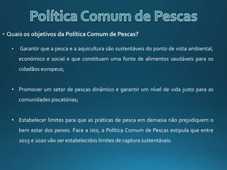• Garantir que a pesca e a aquicultura são sustentáveis do ponto de vista ambiental,
económico e social e que constituam uma fonte de alimentos saudáveis para os
cidadãos europeus;
• Promover um setor de pescas dinâmico e garantir um nível de vida justo para as
comunidades piscatórias;
• Estabelecer limites para que as práticas de pesca em demasia não prejudiquem o
bem estar dos peixes. Face a isto, a Política Comum de Pescas estipula que entre
2015 e 2020 vão ser estabelecidos limites de captura sustentáveis.
 