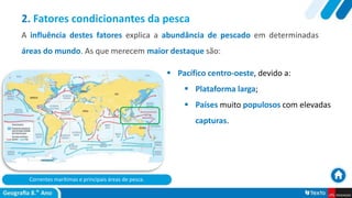 Correntes marítimas e principais áreas de pesca.
 Pacífico centro-oeste, devido a:
 Plataforma larga;
 Países muito populosos com elevadas
capturas.
2. Fatores condicionantes da pesca
A influência destes fatores explica a abundância de pescado em determinadas
áreas do mundo. As que merecem maior destaque são:
 