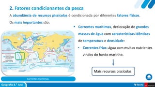 Correntes marítimas.
 Correntes marítimas, deslocação de grandes
massas de água com características idênticas
de temperatura e densidade:
• Correntes frias: água com muitos nutrientes
vindos do fundo marinho.
2. Fatores condicionantes da pesca
A abundância de recursos piscícolas é condicionada por diferentes fatores físicos.
Os mais importantes são:
Mais recursos piscícolas
 
