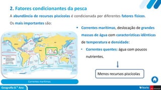 Correntes marítimas.
 Correntes marítimas, deslocação de grandes
massas de água com características idênticas
de temperatura e densidade:
• Correntes quentes: água com poucos
nutrientes.
2. Fatores condicionantes da pesca
A abundância de recursos piscícolas é condicionada por diferentes fatores físicos.
Os mais importantes são:
Menos recursos piscícolas
 
