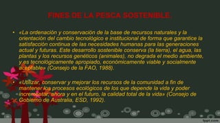 FINES DE LA PESCA SOSTENIBLE.
• «La ordenación y conservación de la base de recursos naturales y la
orientación del cambio tecnológico e institucional de forma que garantice la
satisfacción continua de las necesidades humanas para las generaciones
actual y futuras. Este desarrollo sostenible conserva (la tierra), el agua, las
plantas y los recursos genéticos (animales), no degrada el medio ambiente,
y es tecnológicamente apropiado, económicamente viable y socialmente
aceptable» (Consejo de la FAO, 1988).
• «Utilizar, conservar y mejorar los recursos de la comunidad a fin de
mantener los procesos ecológicos de los que depende la vida y poder
incrementar, ahora y en el futuro, la calidad total de la vida» (Consejo de
Gobierno de Australia, ESD, 1992).
 