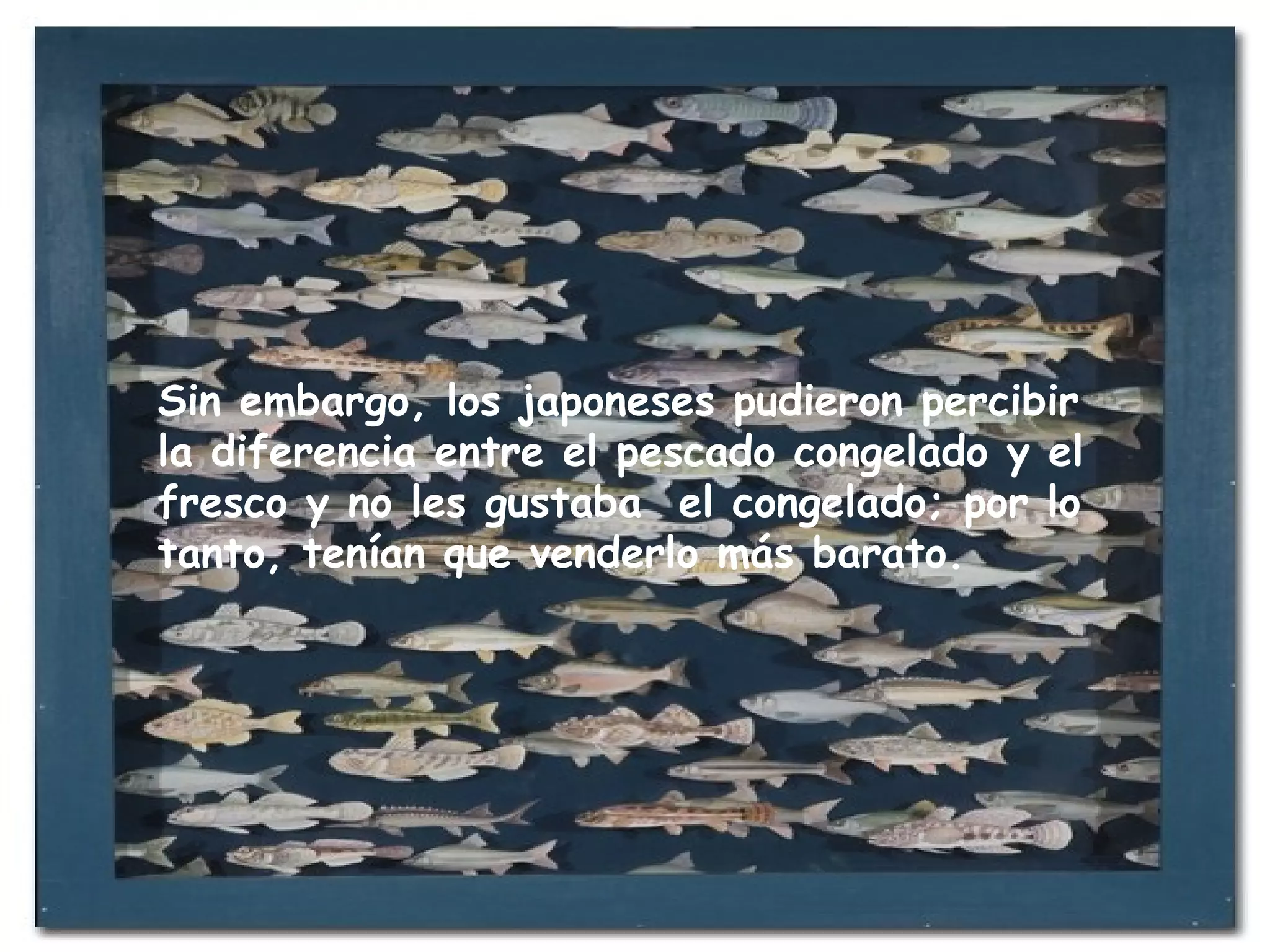 Sin embargo, los japoneses pudieron percibir
la diferencia entre el pescado congelado y el
fresco y no les gustaba el congelado; por lo
tanto, tenían que venderlo más barato.
 