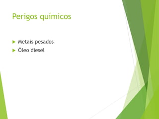 Perigos químicos
 Metais pesados
 Óleo diesel
 