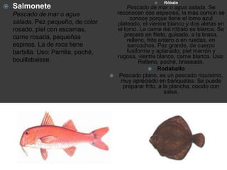  Salmonete
Pescado de mar o agua
salada. Pez pequeño, de color
rosado, piel con escamas,
carne rosada, pequeñas
espinas. La de roca tiene
barbilla. Uso: Parrilla, poché,
bouillabaisse.
 Róbalo
Pescado de mar o agua salada. Se
reconocen dos especies, la más común se
conoce porque tiene el lomo azul
plateado, el vientre blanco y dos aletas en
el lomo. La carne del róbalo es blanca. Se
prepara en filete, guisado, a la brasa,
relleno, frito entero o en ruedas, en
sancochos. Pez grande, de cuerpo
fusiforme y aplanado, piel marrón y
rugosa, vientre blanco, carne blanca. Uso:
Relleno, poché, braseado.
 Rodaballo
 Pescado plano, es un pescado riquísimo,
muy apreciado en banquetes. Se puede
preparar frito, a la plancha, cocido con
salsa.
 