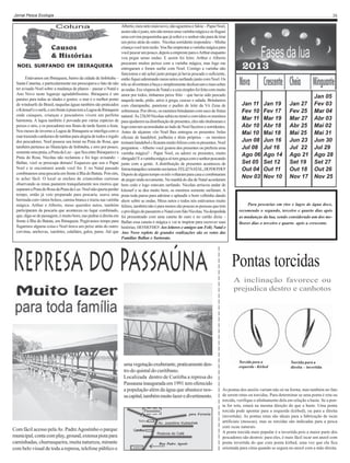 Jornal Pesca Ecologia

NOEL SURFANDO EM IBIRAQUERA
Estávamos em Ibiraquera, bairro da cidade de Imbituba –
Santa Catarina, e particularmente me preocupava o fato de não
ter avisado Noel sobre a mudança de planos – passar o Natal e
Ano Novo neste lugarejo agradabilíssimo. Ibiraquera é um
paraíso para todas as idades e gostos: o mar é o melhor ponto
de windsurfe do Brasil, naquelas águas também são praticados
o Kitesurf e o surfe, e em frente à praia tem a Lagoa de Ibiraquera
onde caiaques, crianças e pescadores vivem em perfeita
harmonia. A lagoa também é povoada por várias espécies de
peixes e siris, e os pescadores nos finais de tarde fazem a festa.
Nos meses de inverno a Lagoa de Ibiraquera se interliga com o
mar trazendo cardumes de tainhas para alegria de todos e regalo
dos pescadores. Noel pousou seu trenó na Praia do Rosa, que
também pertence ao Município de Imbituba, e erro por pouco,
somente uma praia, a Praia da Luz – que fica entre Ibiraquera e a
Praia do Rosa. Nicolau não reclamou e foi logo avisando: Ballan, você se preocupa demais! Esqueceu que sou o Papai
Noel e te encontrarei aonde você for. E no Natal passado
combinamos uma pescaria em frente à Ilha do Batuta. Pois sim,
te achei fácil. O local se encheu de criancinhas curiosas
observando as renas pastarem tranquilamente nos morros que
separam a Praia do Rosa da Praia da Luz. Noel não queria perder
tempo, então já veio preparado para pescaria, usava uma
bermuda com vários bolsos, camisa branca e trazia sua varinha
mágica. Arthur e Alberto, meus queridos netos, também
participaram da pescaria que aconteceu no lugar combinado,
que, diga-se de passagem, é muito bom, nas pedras à direita em
frente à Ilha do Batuta, em Ibiraquera. Pegávamos tempo para
fisgarmos alguma coisa e Noel tirava um peixe atrás do outro:
corvinas, anchovas, xareletes, calafates, galos, parus. Até que

30
Alberto, meu neto mais novo, não aguentou e falou: - Papai Noel,
assim não é justo, nós não temos uma varinha mágica e só fisguei
uma corvina pequeninha que já soltei e o senhor não para de tirar
um peixe atrás do outro. Nicolau sorridente respondeu: - Minha
criança você tem razão. Vou lhe emprestar a varinha mágica para
você pescar um pouco, depois a empreste para o Arthur enquanto
vou pegar umas ondas. E assim foi feito. Arthur e Alberto
pescaram muitos peixes com a varinha mágica, mas logo me
entregaram e foram surfar com Noel. Comigo a varinha não
funcionou e até achei justo porque já havia pescado o suficiente,
então fiquei admirando meus netos surfando junto com Noel. Os
três se divertiram à beça e simplesmente deslizavam e riam sobre
as ondas. Era véspera de Natal e a ceia simples foi feita com muito
amor por todos, tínhamos peixe frito – que havia sido pescado
naquela tarde, pirão, arroz à grega, cuscuz e salada. Brindamos
com champanhe, panetone e pudim de leite da Vó Zena de
sobremesa. Por óbvio, os meninos brindaram com suco de frutas
natural. Às 23h30 Nicolau subiu no trenó e convidou os meninos
para ajudarem na distribuição de presentes, eles não titubearam e
logo estavam acomodadas ao lado de Noel faceiros e sorridentes.
Antes de alçarem vôo Noel lhes entregou os presentes: bolas
oficiais de handebol, joelheira e tênis próprios – os meninos
treinam handebol e ficaram muito felizes com os presentes. Noel
perguntou: - Alberto você gostou dos presentes ou preferia uma
varinha mágica? - Papai Noel, eu adorei os presentes, muito
obrigado! E a varinha mágica só tem graça com o senhor pescando
junto com a gente. A distribuição de presentes aconteceu de
forma tranquila e somente ouvíamos: FELIZ NATAL, HO!HO!HO!
Depois de algum tempo os três voltaram para casa e combinaram
de pegar onda novamente. Na manhã do dia de Natal acordaram
bem cedo e logo estavam surfando. Nicolau arriscou andar de
kitesurf e se deu muito bem, os meninos somente surfaram. A
praia toda parou para admirar e aplaudir o bom velhinho dando
show sobre as ondas. Meus netos e todos nós estávamos muito
felizes, também não é para menos são poucas as pessoas que tem
o privilégio de passarem o Natal com São Nicolau. Na despedida
foi presenteado com uma caneta de ouro e no cartão dizia: Ballan essa caneta é mágica e vai te inspirar para escrever suas
histórias. HO!HO!HO! Aos leitores e amigos um Feliz Natal e
Ano Novo repleto de grandes realizações são os votos das
Famílias Ballan e Sartorato.

Jan 11
Fev 10
Mar 11
Abr 10
Mai 10
Jun 08
Jul 08
Ago 06
Set 05
Out 04
Nov 03

Jan 19
Fev 17
Mar 19
Abr 18
Mai 18
Jun 16
Jul 16
Ago 14
Set 12
Out 11
Nov 10

Jan 05
Jan 27 Fev 03
Fev 25 Mar 04
Mar 27 Abr 03
Abr 25 Mai 02
Mai 25 Mai 31
Jun 23 Jun 30
Jul 22 Jul 29
Ago 21 Ago 28
Set 19 Set 27
Out 18 Out 26
Nov 17 Nov 25

Para pescarias em rios e lagos de água doce,
recomendo o segundo, terceiro e quarto dias após
as mudanças da lua, sendo considerado um dos melhores dias o terceiro e quarto após a crescente.

Pontas torcidas
A inclinação favorece ou
prejudica destro e canhotos

uma vegetação exuberante, praticamente dentro do quintal do curitibano.
Localizada dentro de Curitiba a represa do
Passauna inaugurada em 1991 tem oferecido
a população além da água que abastece nossa capital, também muito lazer e divertimento.
Passaúna
Volvo

Com fácil acesso pela Av. Padre Agostinho o parque
municipal, conta com play, ground, extensa pista para
caminhadas, churrasqueira, muita natureza, mirante
com belo visual de toda a represa, telefone público e

Carrefour

Av. Juscelino Kubischek
Rodovia do Café
Rua Padre Agosti-

Centro

para Ferraria

Torcida para a
esquerda - Kirbed

Torcida para a
direita - invertida

As pontas dos anzóis variam não só na forma, mas também no fato
de serem retas ou torcidas. Para determinar se uma ponta é reta ou
torcida, verifique o alinhamento dela em relação a haste. Se a ponta for reta, estará na mesma direção do que a haste. Uma ponta
torcida pode apontar para a esquerda (kirbed), ou para a direita
(invertida). As pontas retas são ideais para a fabricação de iscas
artificiais (moscas), mas as torcidas são indicadas para a pesca
com iscas naturais.
A ponta torcida mais popular é a invertida pois a maior parte dos
pescadores são destros: para eles, é mais fácil iscar um anzol com
ponta invertida do que com ponta kirbed, uma vez que ela fica
orientada para cima quando se segura no anzol com a mão direita.

 