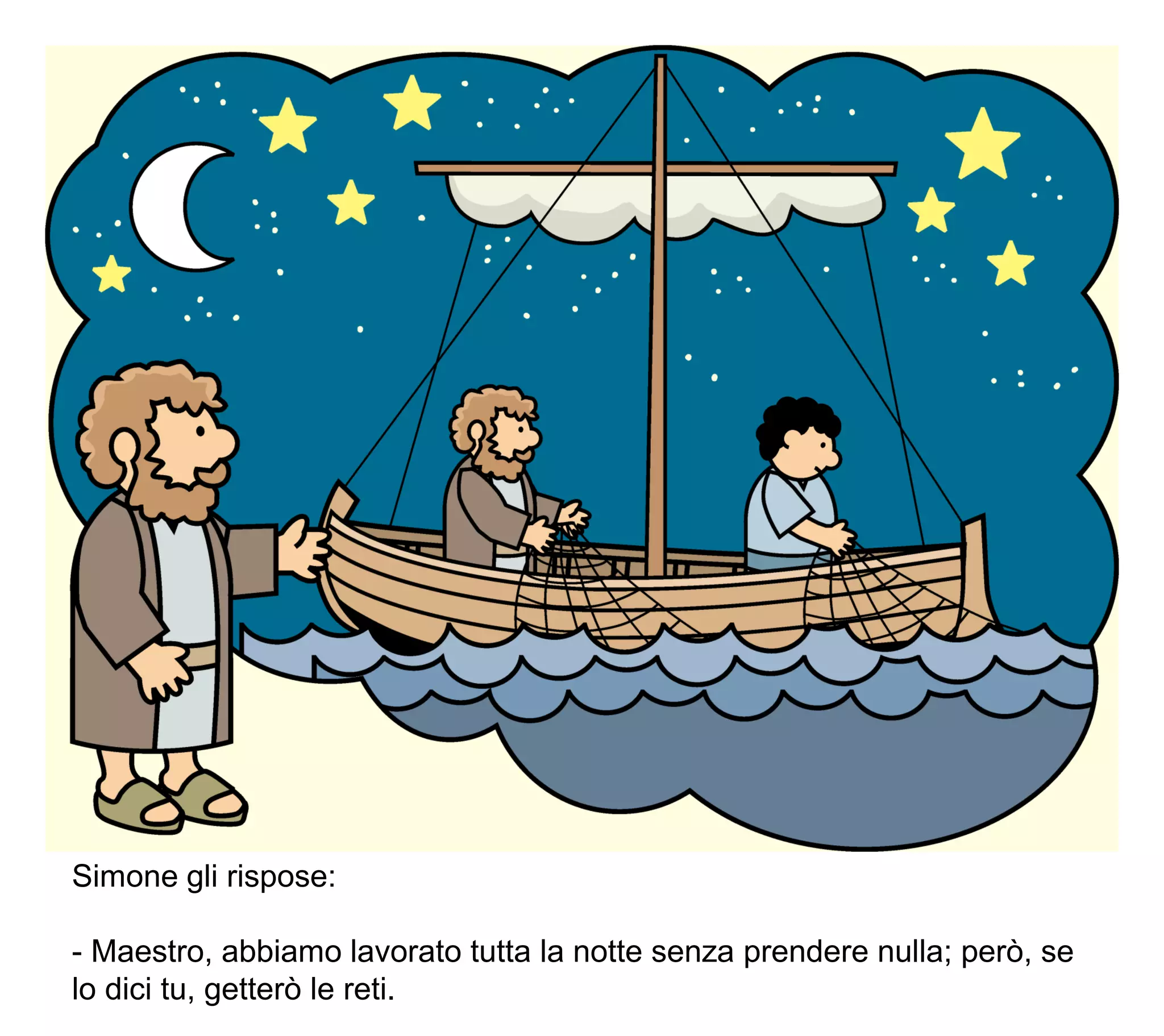Simone gli rispose:
- Maestro, abbiamo lavorato tutta la notte senza prendere nulla; però, se
lo dici tu, getterò le reti.