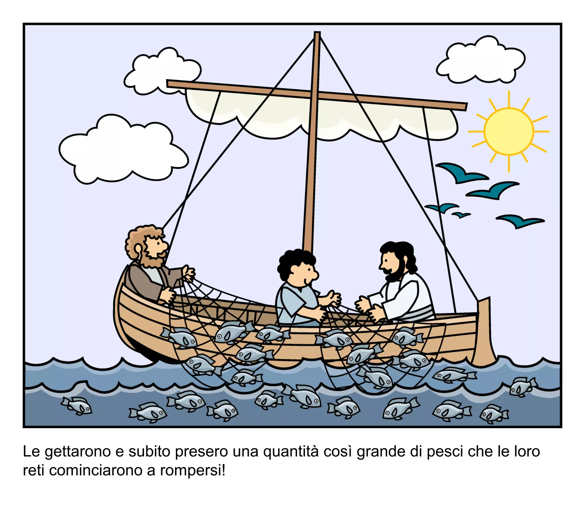 Le gettarono e subito presero una quantità così grande di pesci che le loro
reti cominciarono a rompersi!