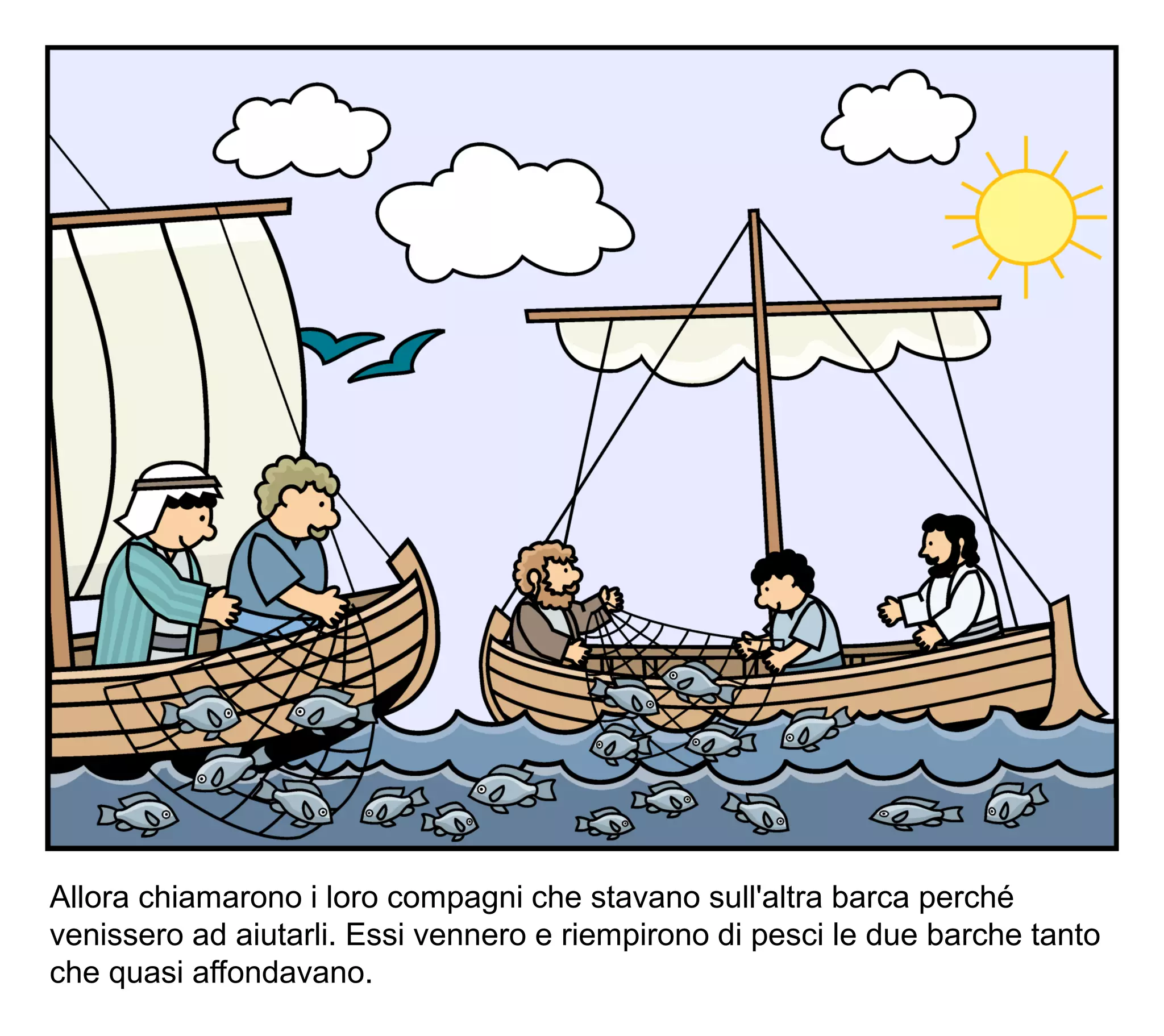 Allora chiamarono i loro compagni che stavano sull'altra barca perché
venissero ad aiutarli. Essi vennero e riempirono di pesci le due barche tanto
che quasi affondavano.