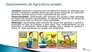  Variedade: estimular o consumo entre os diferentes grupos de alimentos que
compõe a Pirâmide e também dentro de cada grupo, composto por diferentes
alimentos. Nenhum grupo é mais importante do que outro
 Proporcionalidade: representada pelo tamanho dos grupos e pela indicação
de número de porções recomendadas. A ingestão de alimentos de grupos de
tamanho maior deve ser feita em maior quantidade.
 Moderação: representada pelo tamanho do grupo das gorduras e açúcares,
localizado no topo da Pirâmide, e pelo texto "usar moderadamente ou use
pouco"que o acompanha. Recomenda cuidado com a adição de gordura e
açúcar na dieta que devem ser usados com moderação.
 