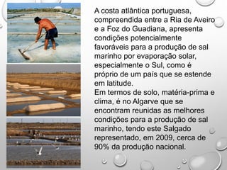 A costa atlântica portuguesa,
compreendida entre a Ria de Aveiro
e a Foz do Guadiana, apresenta
condições potencialmente
favoráveis para a produção de sal
marinho por evaporação solar,
especialmente o Sul, como é
próprio de um país que se estende
em latitude.
Em termos de solo, matéria-prima e
clima, é no Algarve que se
encontram reunidas as melhores
condições para a produção de sal
marinho, tendo este Salgado
representado, em 2009, cerca de
90% da produção nacional.
 