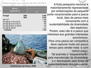 A frota pesqueira nacional é
maioritariamente representada
por embarcações de pequeno
porte vocacionadas para a pesca
local, (tipo de pesca mais
consonante com a
sustentabilidade da diversidade
das espécies).
Porém, esta não é a pesca que
interessa aos grandes interesses
económicos.
Para uma pesca ser competitiva
deve capturar muito em pouco
tempo para vender mais e com
menor preço.
Tal acarreta o “esquecimento”
pela manutenção da diversidade
e o desrespeito pelo limiar da
sustentabilidade dos pesqueiros.
Estatísticas da Pesca 2009
 