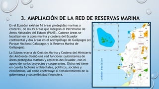3. AMPLIACIÓN DE LA RED DE RESERVAS MARINA
En el Ecuador existen 16 áreas protegidas marinas y
costeras, de las 45 áreas que integran el Patrimonio de
Áreas Naturales del Estado (PANE). Catorce áreas se
localizan en la zona marina y costera del Ecuador
continental y dos áreas en el Archipiélago de Galápagos (el
Parque Nacional Galápagos y la Reserva Marina de
Galápagos).
La Subsecretaría de Gestión Marina y Costera del Ministerio
del Ambiente diseñó una red funcional (subsistema) de
áreas protegidas marinas y costeras del Ecuador, con el
apoyo de varios proyectos y cooperantes. Dicha red tiene
en cuenta factores ambientales, políticos, sociales y
económicos, así como contribuye al fortalecimiento de la
gobernanza y sostenibilidad financiera.
 