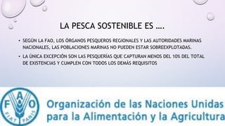 • SEGÚN LA FAO, LOS ÓRGANOS PESQUEROS REGIONALES Y LAS AUTORIDADES MARINAS
NACIONALES, LAS POBLACIONES MARINAS NO PUEDEN ESTAR SOBREEXPLOTADAS.
• LA ÚNICA EXCEPCIÓN SON LAS PESQUERÍAS QUE CAPTURAN MENOS DEL 10% DEL TOTAL
DE EXISTENCIAS Y CUMPLEN CON TODOS LOS DEMÁS REQUISITOS
LA PESCA SOSTENIBLE ES ….
 