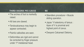THIRD DEGREE PES CAVUS
 The arches of foot is markedly
raised.
 All toes are clawed.
 Tendocalcaneus may begin to
appear contracted.
 Painful callosities are seen.
 Deformities are rigid and cannot
be corrected by finger pressure
under 1st metatarsal head.
RX
 Stiendlers procedure + Muscle
sliding operation.
 Japas ‘V’osteotomy of tarsus :
Apex of V is proximal and
highest point of cavus.
 Dwayers Calcaneal Otetomy.
 