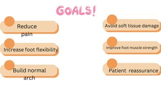 Reduce
pain
Increase foot flexibility
Build normal
arch
Avoid soft tissue damage
Improve foot muscle strength
Patient reassurance
 