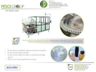 • It positions multiple shapes and sizes bottles
• It can reach high speeds
• It has been built in order to withstand high
stress
• They cover heterogeneous sectors
go to video
 