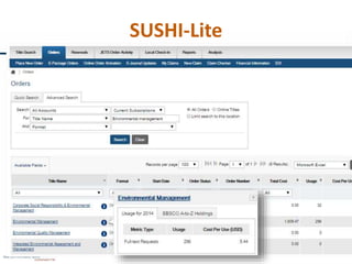SUSHI-Lite
Sample use cases…
• Serials management system pulling use for a
particular journal for in-workflow usage display
 