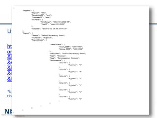 SUSHI-Lite
Live example …
https://www.jusp.mimas.ac.uk/api/sushilite/v1/Report/?Rep
ort=JR1
&RequestorID=test
&CustomerID=test
&ItemIdentifier=journal:issn:1084-5453
&BeginDate=2012-01
&EndDate=2012-06
*based on an early prototype -- syntax and response doesn’t exactly match final
recommendations
 