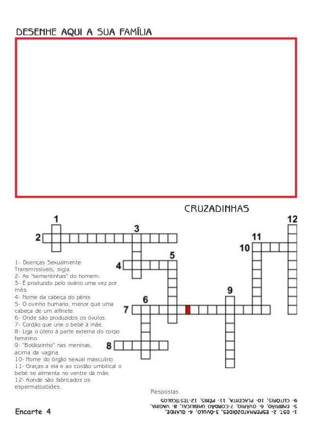 FAMÍLIA
DESENHE AQUI A SUA FAMÍLIA
CRUZADINHAS
Encarte 4
Respostas
DST,
ESPERMAT
1- DST, 2- ESPERMAT OZÓIDES, 3-ÓVULO, ...