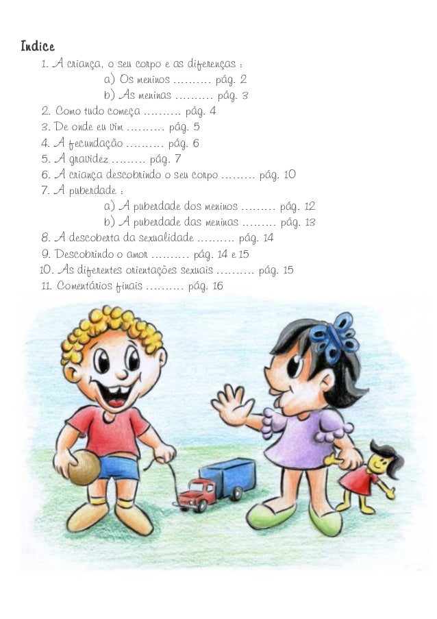 Indice

1. A criança, o seu corpo e as diferenças :
a) Os meninos .......... pág. 2
b) As meninas .......... pág. 3
2. Com...