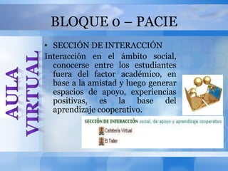BLOQUE 0 – PACIE
• SECCIÓN DE INTERACCIÓN
Interacción en el ámbito social,
conocerse entre los estudiantes
fuera del factor académico, en
base a la amistad y luego generar
espacios de apoyo, experiencias
positivas, es la base del
aprendizaje cooperativo.
 