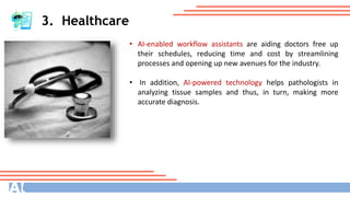 3. Healthcare
• AI-enabled workflow assistants are aiding doctors free up
their schedules, reducing time and cost by streamlining
processes and opening up new avenues for the industry.
• In addition, AI-powered technology helps pathologists in
analyzing tissue samples and thus, in turn, making more
accurate diagnosis.
 