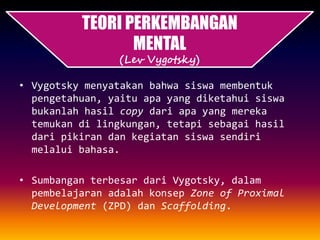 TEORI PERKEMBANGAN
MENTAL
(Lev Vygotsky)
• Vygotsky menyatakan bahwa siswa membentuk
pengetahuan, yaitu apa yang diketahui siswa
bukanlah hasil copy dari apa yang mereka
temukan di lingkungan, tetapi sebagai hasil
dari pikiran dan kegiatan siswa sendiri
melalui bahasa.
• Sumbangan terbesar dari Vygotsky, dalam
pembelajaran adalah konsep Zone of Proximal
Development (ZPD) dan Scaffolding.
 