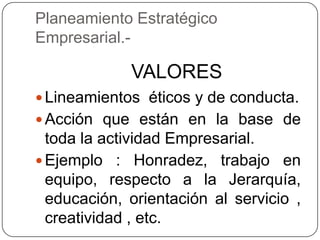Planeamiento Estratégico
Empresarial.-

VALORES
 Lineamientos éticos y de conducta.
 Acción que están en la base de

toda la actividad Empresarial.
 Ejemplo : Honradez, trabajo en
equipo, respecto a la Jerarquía,
educación, orientación al servicio ,
creatividad , etc.

 