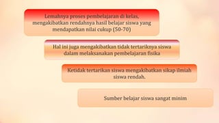 Lemahnya proses pembelajaran di kelas,
mengakibatkan rendahnya hasil belajar siswa yang
mendapatkan nilai cukup (50-70)
Hal ini juga mengakibatkan tidak tertariknya siswa
dalam melaksanakan pembelajaran fisika
Ketidak tertarikan siswa mengakibatkan sikap ilmiah
siswa rendah.

Sumber belajar siswa sangat minim

 