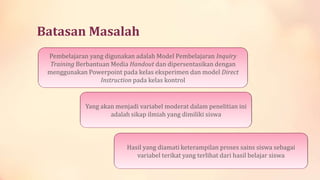 Batasan Masalah
Pembelajaran yang digunakan adalah Model Pembelajaran Inquiry
Training Berbantuan Media Handout dan dipersentasikan dengan
menggunakan Powerpoint pada kelas eksperimen dan model Direct
Instruction pada kelas kontrol

Yang akan menjadi variabel moderat dalam penelitian ini
adalah sikap ilmiah yang dimiliki siswa

Hasil yang diamati keterampilan proses sains siswa sebagai
variabel terikat yang terlihat dari hasil belajar siswa

 