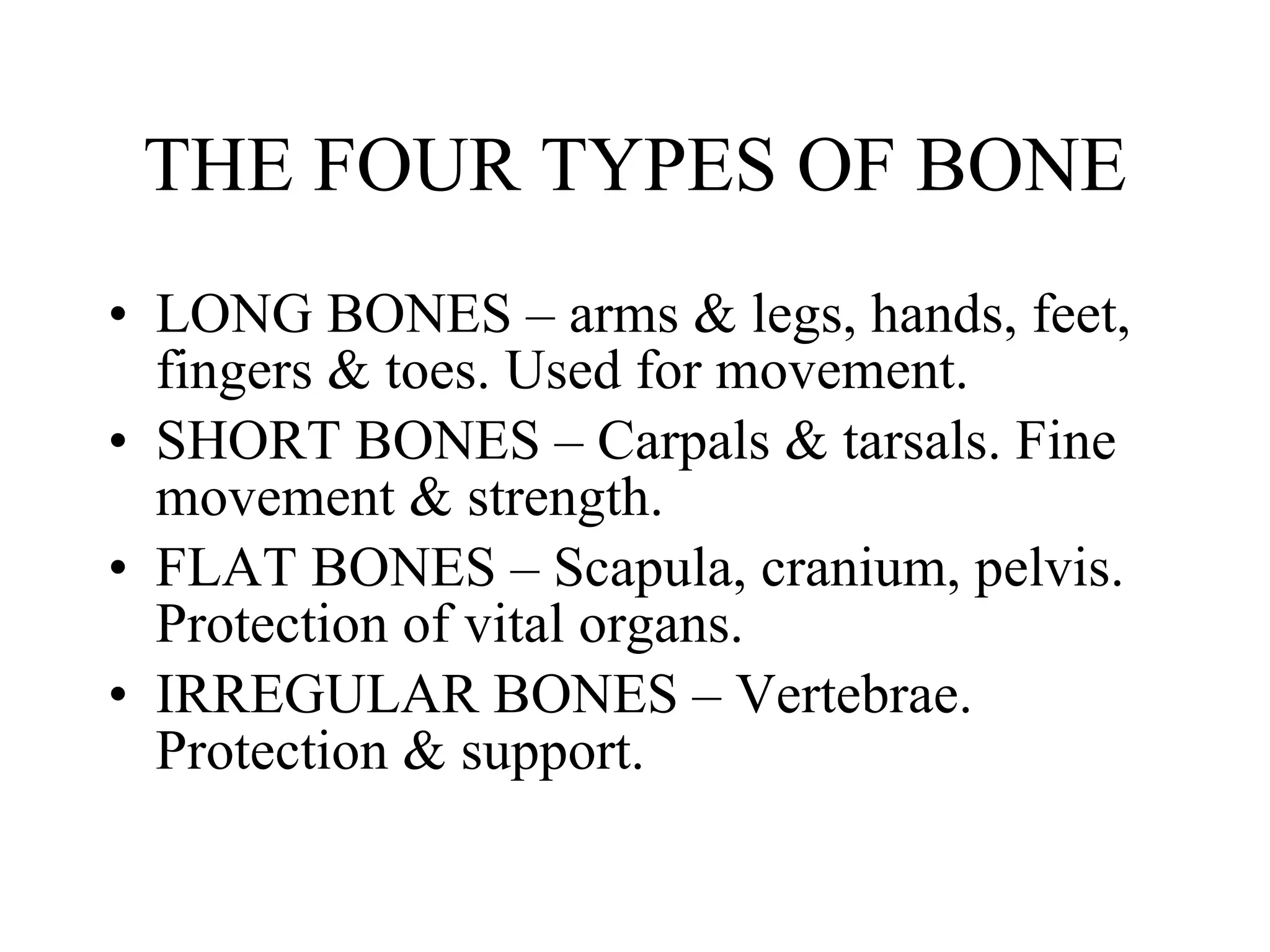 THE FOUR TYPES OF BONE LONG BONES – arms & legs, hands, feet, fingers & toes. Used for movement. SHORT BONES – Carpals & tarsals. Fine movement & strength. FLAT BONES – Scapula, cranium, pelvis. Protection of vital organs. IRREGULAR BONES – Vertebrae. Protection & support. 