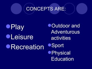 CONCEPTS ARE: Play Leisure Recreation Outdoor and Adventurous activities Sport Physical Education 